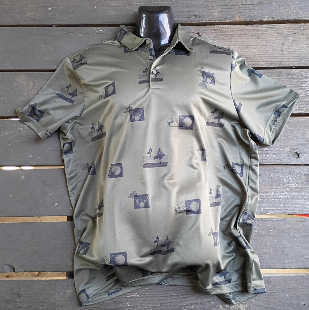 Adidas Mens Allover Printed Polo Shirt Golf Olive Green Graphic Shirt Size 2XL - Picture 2 of 12